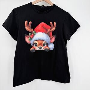Cute Peeking Reindeer Santa Hat Christmas T-Shirt Black Tee Holiday Graphic Tee